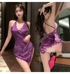 FEE ET MOI - Butterfly Print Deep V Velvet Dress (Purple)